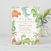 Waterverf Cute Dinosaur Greenery Boy Baby shower Kaart (Staand voorkant)
