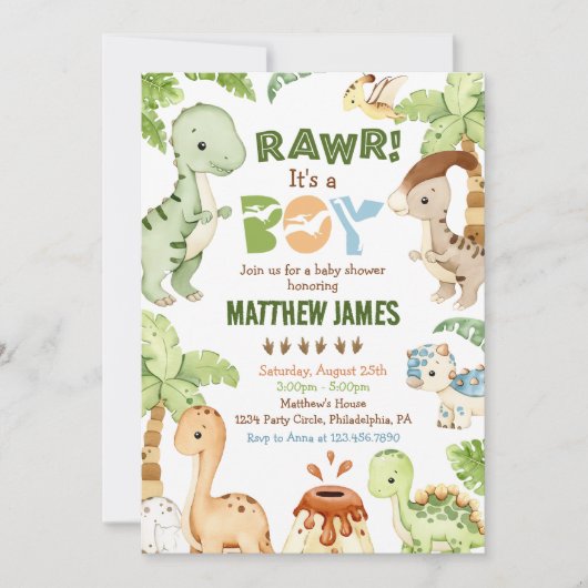 Waterverf Cute Dinosaur Greenery Boy Baby shower Kaart (Voorkant)