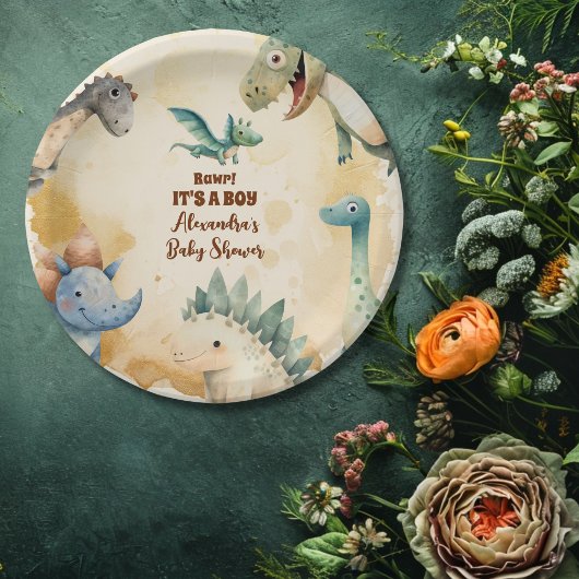 Waterverf Cute Dinosaur Greenery Boy Baby shower Papieren Bordje