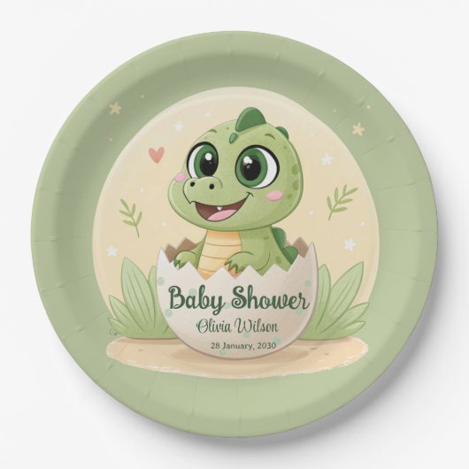 Waterverf Cute Dinosaur Greenery Boy Baby shower Papieren Bordje (Voorkant)
