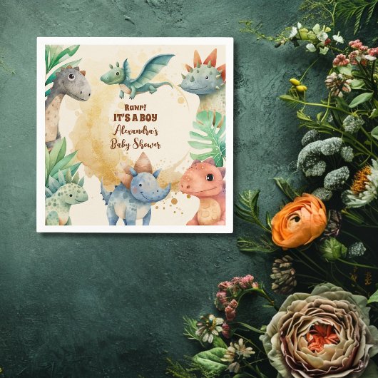 Waterverf Cute Dinosaur Greenery Boy Baby shower Servet