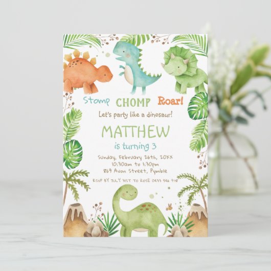 Waterverf Cute Dinosaur Greenery Boy Birthday Kaart (Staand voorkant)