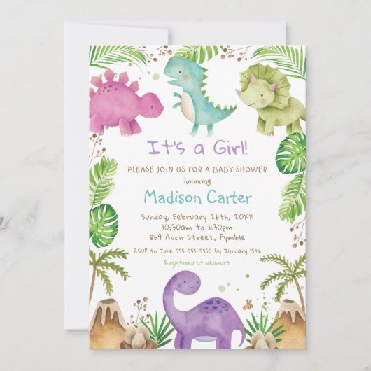 Waterverf Cute Dinosaur Greenery Girl Baby shower Kaart (Voorkant)