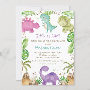 Waterverf Cute Dinosaur Greenery Girl Baby shower Kaart