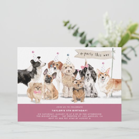  Waterverf Cute Dogs Burgundy Birthday Kaart (Staand voorkant)
