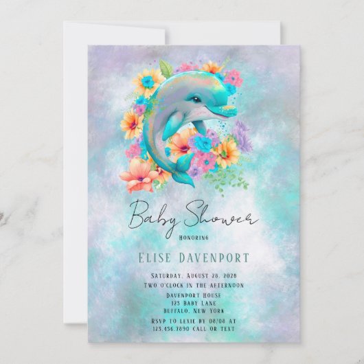 Waterverf Cute Dolphin en Florals Baby shower Kaart (Voorkant)