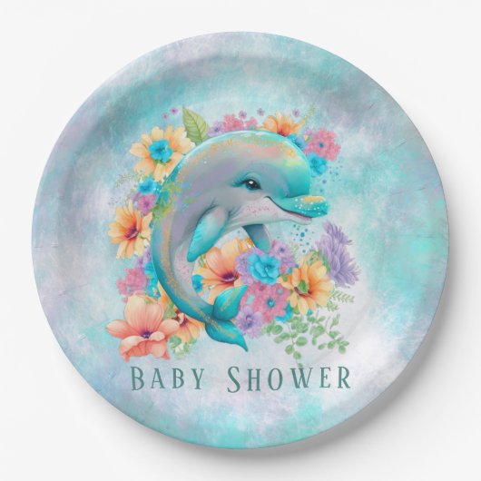 Waterverf Cute Dolphin en Florals Baby shower Papieren Bordje (Voorkant)