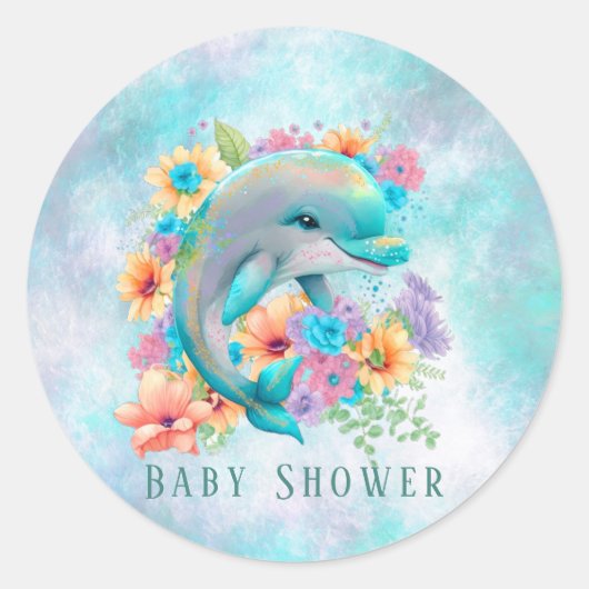 Waterverf Cute Dolphin en Florals Baby shower Ronde Sticker (Voorkant)