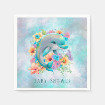 Waterverf Cute Dolphin en Florals Baby shower