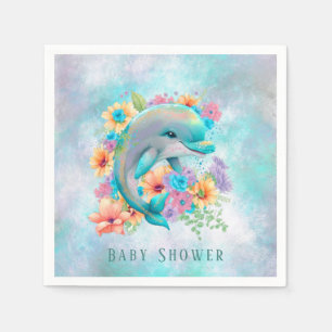 Waterverf Cute Dolphin en Florals Baby shower Servet