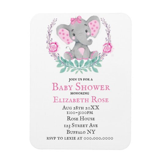 Waterverf Cute Elephant Girl Baby shower Invites Magneet (Verticaal)