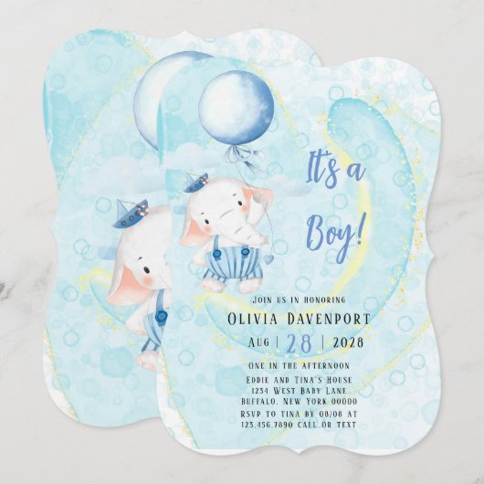 Waterverf Cute Elephant Nautical Boy Baby shower Kaart (Voorkant / Achterkant)