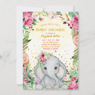 Waterverf Cute Elephant Pink Flowers Baby shower Kaart