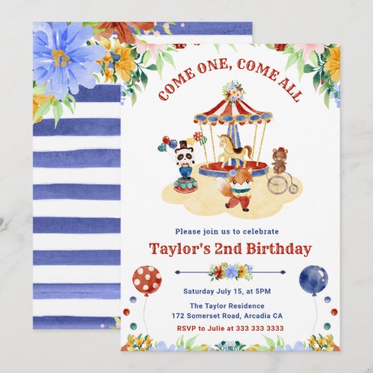 Waterverf Cute Floral Circus Carnival Birthday Kaart (Voorkant / Achterkant)