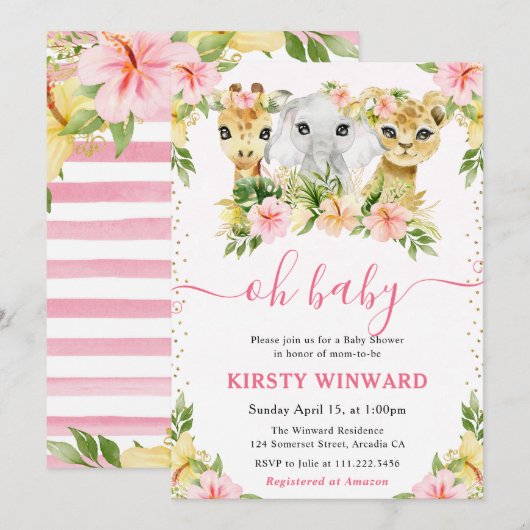 Waterverf Cute Floral Oerwoud Animals Baby shower Kaart (Voorkant / Achterkant)