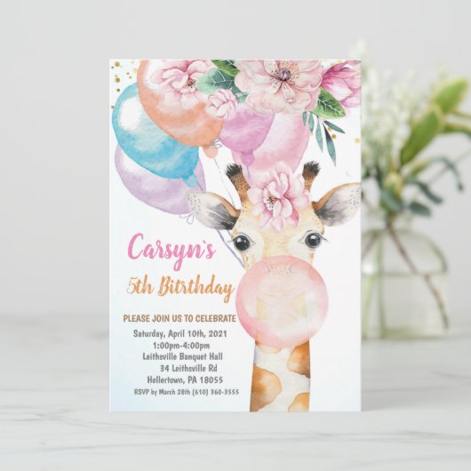 Waterverf Cute Giraffe Birthday Uitnodiging (Staand voorkant)