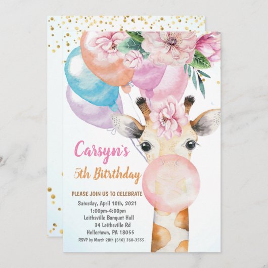 Waterverf Cute Giraffe Birthday Uitnodiging (Voorkant / Achterkant)