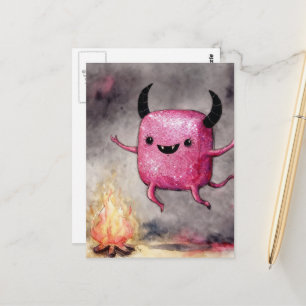 Waterverf Cute Glanzende Roze Monster en een Kampv Briefkaart