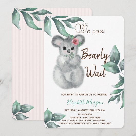 Waterverf Cute Koala Pink Striped Baby shower Kaart (Voorkant / Achterkant)