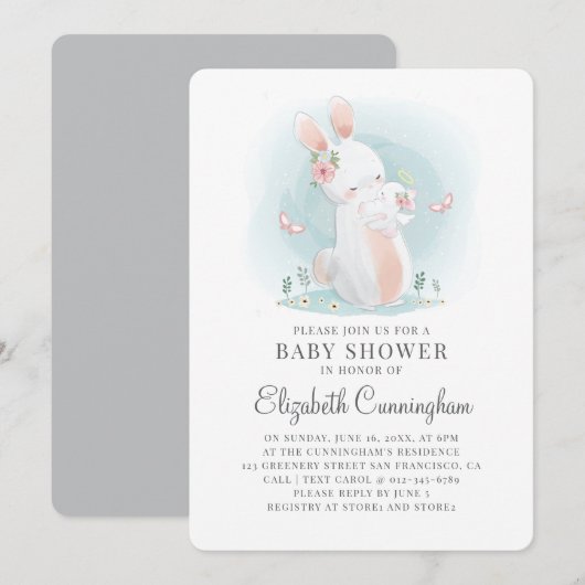 Waterverf Cute Mama Rabbit Baby shower Invitation Kaart (Voorkant / Achterkant)