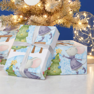 Waterverf Cute Mouse Droog kerstboom Cadeaupapier