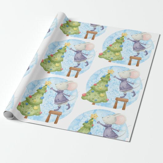 Waterverf Cute Mouse Droog kerstboom Cadeaupapier (Uitgerold)