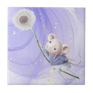 Waterverf Cute Mouse Flying Dandelion Art Tegeltje