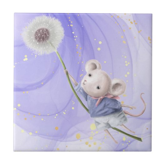 Waterverf Cute Mouse Flying Dandelion Art Tegeltje (Voorkant)