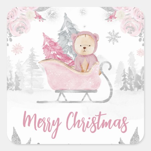 Waterverf Cute Pink Winter Beer Floral Kerstmis Vierkante Sticker (Voorkant)