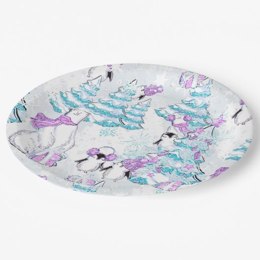 Waterverf Cute Polar Beer en Penguin Friends Papieren Bordje (Gekanteld)