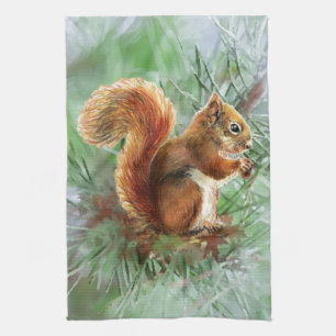 Waterverf Cute Red Squirrel Animal Natuur Art Theedoek