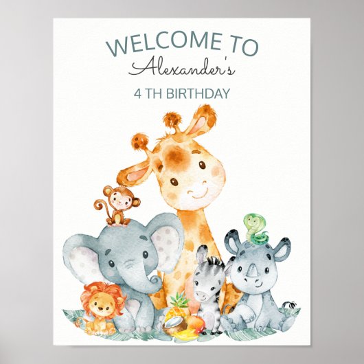 Waterverf Cute Safari Oerwouden Birthday Poster (Voorkant)