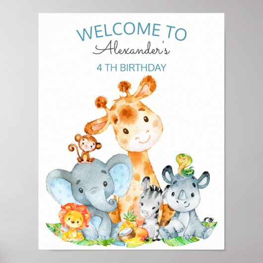 Waterverf Cute Safari Oerwouden Birthday Poster (Voorkant)