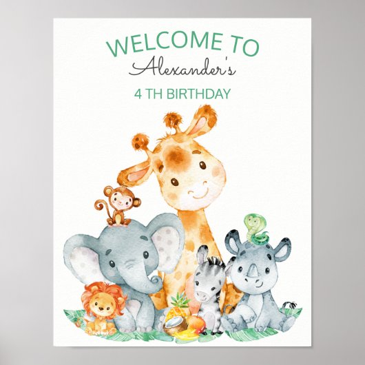 Waterverf Cute Safari Oerwouden Birthday Poster (Voorkant)