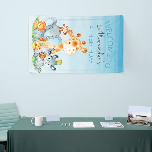 Waterverf Cute Safari Oerwouden Birthday Spandoek (Beurs)