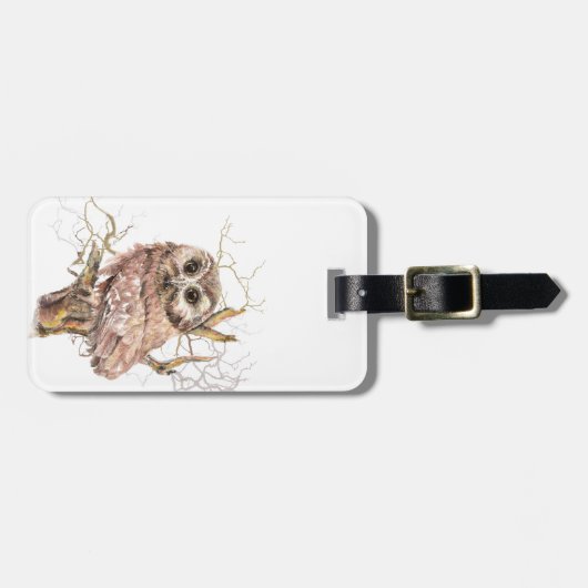 Waterverf Cute Saw Whet Owl, Bird Bagagelabel (Voorkant horizontaal)