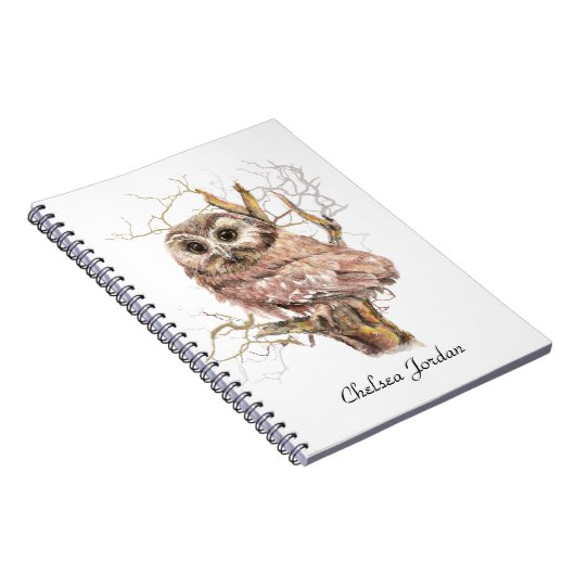 Waterverf Cute Saw Whet Owl Bird Custom Name Notitieboek (Rechterzijde)