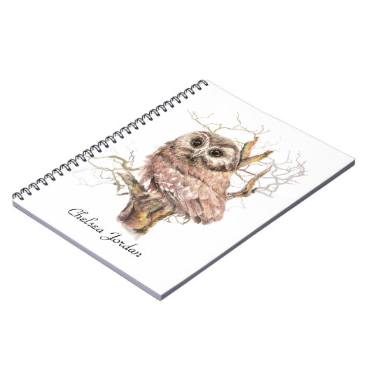 Waterverf Cute Saw Whet Owl Bird Custom Name Notitieboek (Linkerzijde)