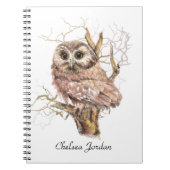 Waterverf Cute Saw Whet Owl Bird Custom Name Notitieboek (Voorkant)