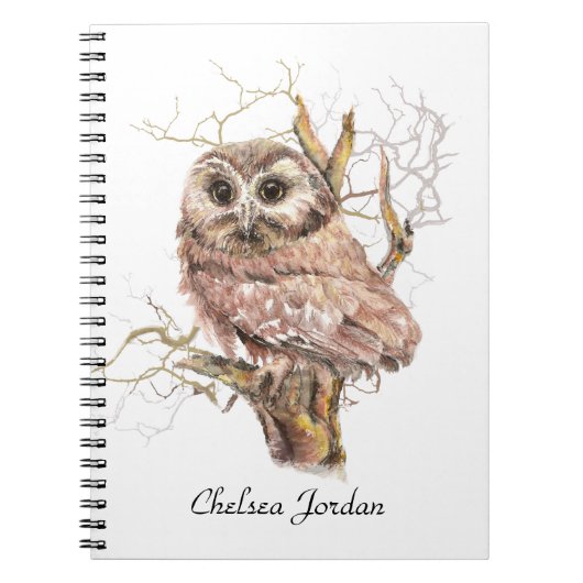 Waterverf Cute Saw Whet Owl Bird Custom Name Notitieboek (Voorkant)