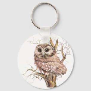 Waterverf Cute Saw Whet Owl, Bird Sleutelhanger