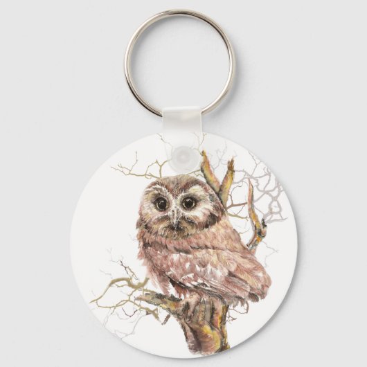 Waterverf Cute Saw Whet Owl, Bird Sleutelhanger (Voorkant)