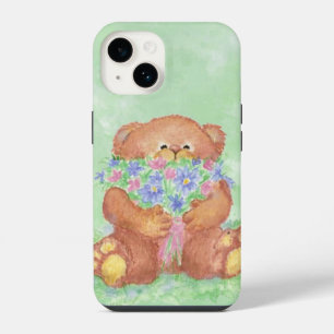 Waterverf Cute Teddy Bear Bouquet Flowers Art iPhone 14 Hoesje