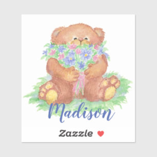 Waterverf Cute Teddy Bear Flowers kunst Aangepaste Sticker