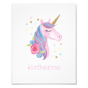 Waterverf Cute Unicorn Colorful Baby Girl Naam Foto Afdruk