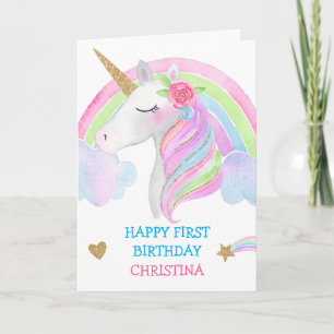 Waterverf Cute Unicorn Personalized Girl Birthday Kaart