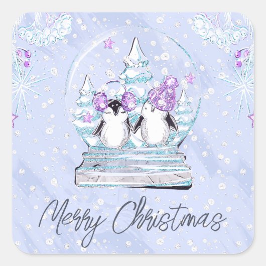 Waterverf Cute Winter Penguin Friends Snow Wereldb Vierkante Sticker (Voorkant)