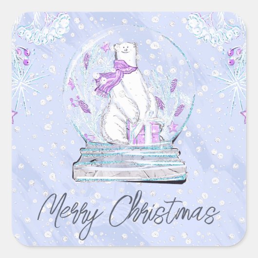 Waterverf Cute Winter Polar Beer Snow Wereldbol Vierkante Sticker (Voorkant)