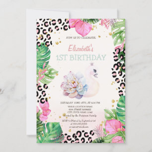 Waterverf Cute Zwaan Tropische Bloemen Verjaardag Kaart