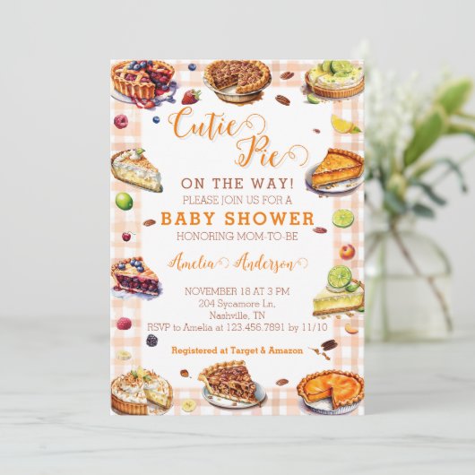 Waterverf Cutie Pie Sinaasappel Gingham Baby showe Kaart (Staand voorkant)
